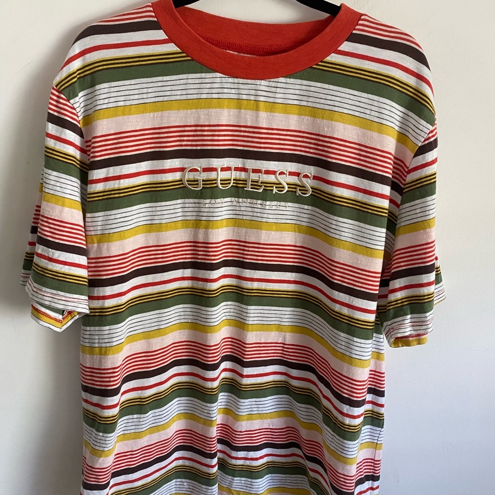 Guess Multi-Color Stripe Short Sleeve Tee - Red, Green, Yellow, Brown